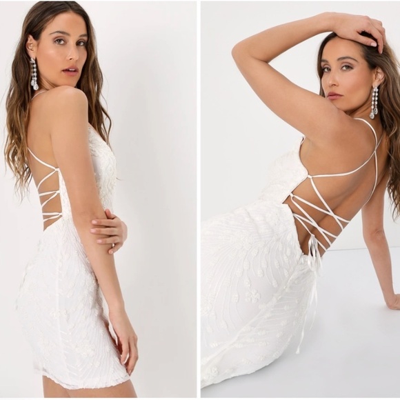 LULU's Chic Bachelorette Engagement Bridal Sexy Shimmer Floral Sequin Mini Dress - Picture 3 of 6